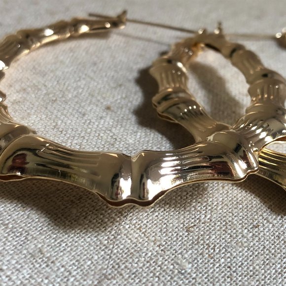 RETRO 1990s 8K Gold Bamboo 2" Round B Girl Hoops hoop Earrings Vintage Chic - Picture 4 of 5